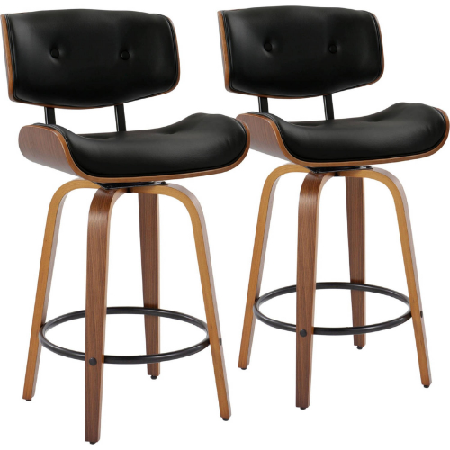 Lombardi 26" Swivel Counter Stool in Walnut Wood & Black Leatherette with Black Footrest (Set of 2)